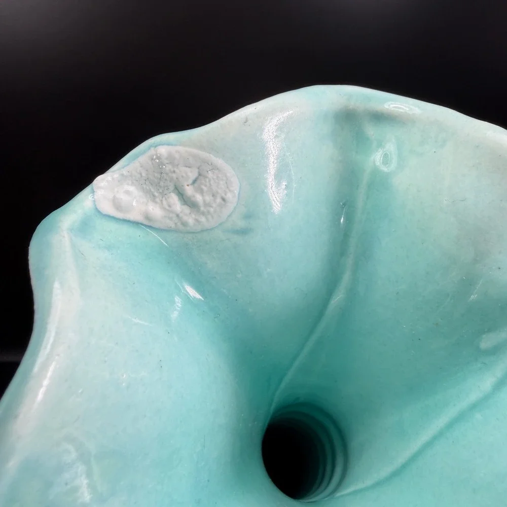 Haeger Pottery 3043 USA Vintage White Textured Turquoise Interior Ruffled Vase